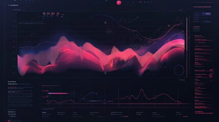 Poster - Futuristic digital interface with data visualization, graphs, and charts in dark theme.