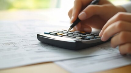 Poster - Close-up of hands using a calculator and reviewing financial documents.