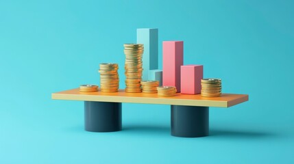 Poster - 3D render of gold coins stacks forming bar graph on orange platform, depicting financial growth and investment.