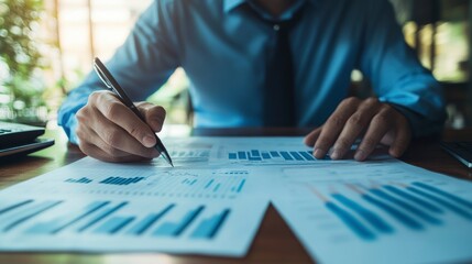 Aufkleber - Businessman reviewing financial reports, analyzing data charts and graphs with pen.