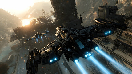 Wall Mural - spaceships flying over futuristic city at sunset; game background, ideal for sci-fi concept art