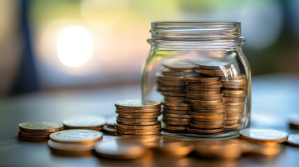 Aufkleber - Glass jar filled with gold coins, surrounded by stacks of coins on a wooden table.