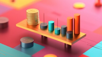 Fototapete - Abstract 3D rendering of gold coins and colorful bar graph on a golden platform, representing financial growth and success.