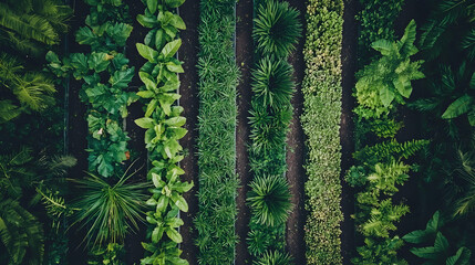 Wall Mural - Aerial view of diverse garden rows, showcasing various plants and textures.  Perfect for agriculture, gardening, or sustainable living content