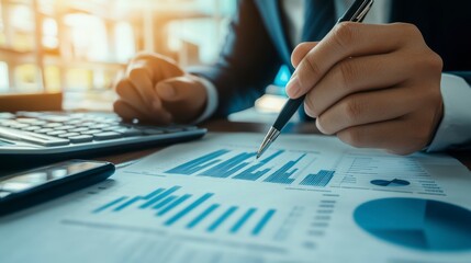 Aufkleber - Close-up of hands reviewing financial data, charts, graphs, and using a calculator.