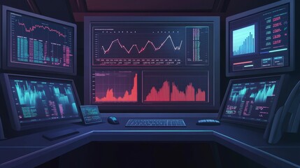 Poster - Dark room with multiple monitors displaying stock market data, graphs, and charts.
