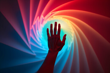 Wall Mural - high contrast portrait of a hand bending through geometric shapes creating a vortex of vibrant color