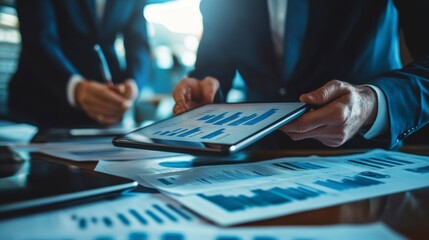 Aufkleber - Businessmen reviewing data on tablet and papers.