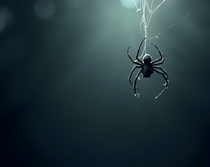 Intricate arachnid artistry a stylized spider descending from a delicate web bathed in ethereal light creating a captivating contrast of shadow and luminescence