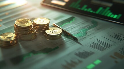 Fototapete - Golden coins stacked on financial charts & tablet showing graphs.