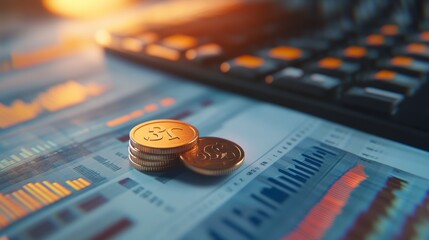 Fototapete - Close-up of gold coins on financial charts and calculator.
