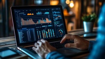 Poster - Man analyzing data graphs on laptop at night.
