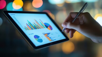 Poster - Hand using stylus on tablet displaying financial charts and graphs at night.