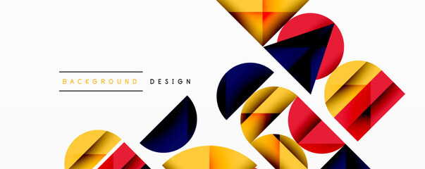 Poster - Abstract geometric shapes overlap, creating dynamic composition. Yellow, red, navy hues dominate design. Minimalist style, modern aesthetic. Clean lines, vibrant colors.