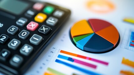 Aufkleber - Close-up of calculator and colorful pie chart on financial report.