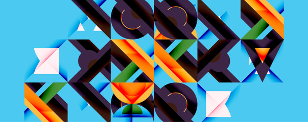 Leinwandbilder - Abstract geometric composition. Vivid shapes intersect, creating dynamic visual texture. Bright colors contrast against blue background. Modern design elements dominate.