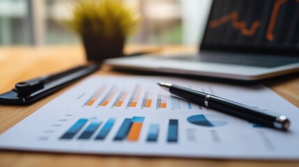 Aufkleber - Close-up of financial charts, pen, laptop, and phone on a wooden desk.