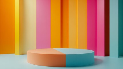 Aufkleber - Colorful pastel striped background with a split two-tone round pedestal.