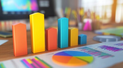 Aufkleber - Colorful 3D bar graph and pie chart on desk with computer in background.