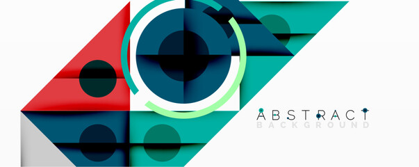 Leinwandbilder - Geometric shapes overlap, creating vibrant abstract composition. Red, teal, dark blue dominate design. Circles, triangles, squares form modern pattern. Minimalist aesthetic.