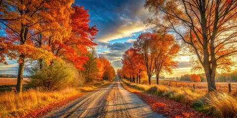  Autumnal Road Through Vibrant Foliage Under a Dramatic Sky at Sunset