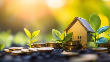 Aufkleber - Miniature house model nestled amongst growing plants and stacks of coins, symbolizing investment growth and financial prosperity.