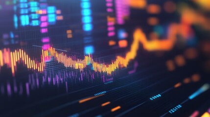 Poster - Abstract financial data visualization with colorful lines and graphs on a dark background.
