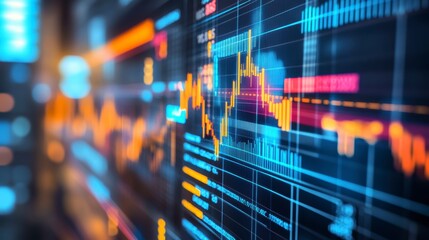 Leinwandbilder - Close-up of a stock market data screen showing dynamic graphs and charts with vibrant colors.