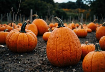 pumpkin patch filled with ripe orange pumpkins in the field