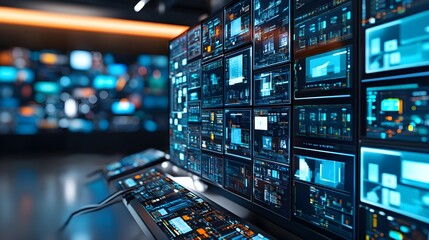 Futuristic Data Center Control Room Screens - Cybersecurity