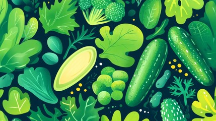 38.A vibrant flat vector illustration featuring a variety of green vegetables, including leafy greens, broccoli, and cucumbers, arranged in an artistic abstract pattern.