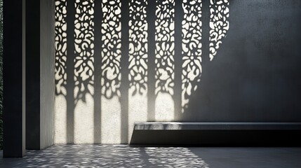 Poster - Intricate shadow patterns cast by a decorative screen on a modern concrete wall with a bench.