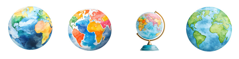 Wall Mural - the globe, earth, and world map long_title:a collection of vibrant, watercolor-style depicting the g