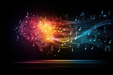 Fototapete - Happy Brain Icon Surrounded by Vibrant Music Notes and Colorful Bright Light Flow Radiating Positive Energy