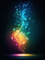 Fototapete - Bright Brain Icon Radiates Happiness With Flowing Music Notes and Colorful Light Effects in a Vibrant Abstract Design