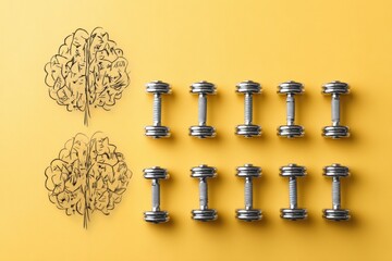 Poster - Brain Engages in Mental Training With Dumbbells on Bright Yellow Background Showcasing the Importance of Cognitive Workouts for Wellness and Fitness Goals