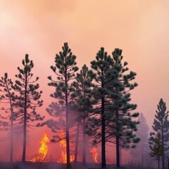 Wall Mural - burning pine trees with a smoky haze in the background, ash, silky fog