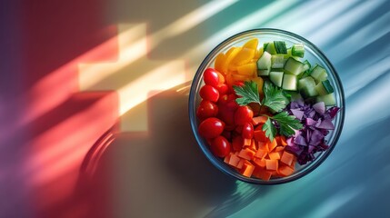 Poster - Fresh Salad Bowl Featuring Colorful Ingredients With a Medical Cross Shadow Highlighting Health Benefits of Fresh Eating