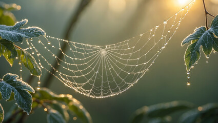 A delicate, intricately patterned spiderweb stretches between two dew kissed leaves with tiny droplets of water and frost covered foliage