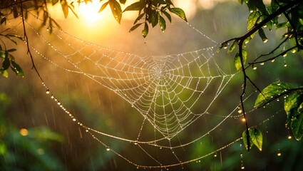A warm, golden morning sun casts a soft glow on intricate spiderwebs delicately suspended between lush, green branches