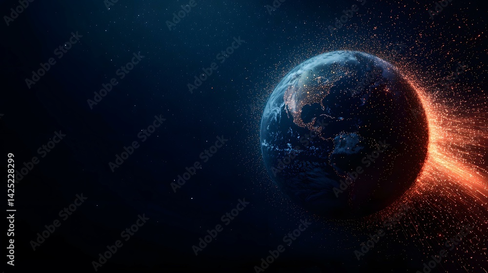 The image shows a stylized depiction of planet Earth in space, with a ...