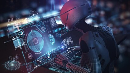 Wall Mural - robot using laptop with futuristic user interface and data analysis features