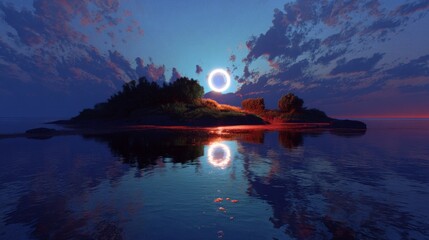  Futuristic island with glowing neon light, moonlight reflections on water, and a sci-fi galaxy portal in 3D. 