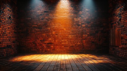 Wall Mural - classic comedy stage with brick wall backdrop, a bright center spotlight highlighting the stage floo