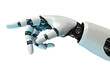 © Selena Moore - High-tech robotic hand with white glossy armor and mechanical joints in a pointing pose, ideal for AI, innovation, robotics, and future technology visual content on a clean white background