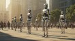 © stock success - In a bustling city square under a warm sunset, a group of humanoid robots stands in formation. Their polished metallic bodies reflect the golden light as onlookers observe with a mix of curiosity and