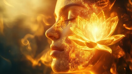 Poster - Glowing profile of a serene woman adorned with a luminous lotus flower, golden light, and a textured, ethereal skin