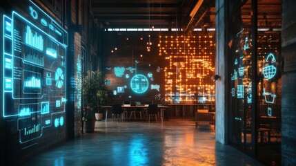 Aufkleber - Futuristic Co-Working Space with Glowing Interface Displays and Data Visualizations