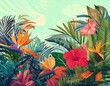 © boro - Colorful flowers and leaves poster background vector illustration. Exotic plants, branches, .jpg