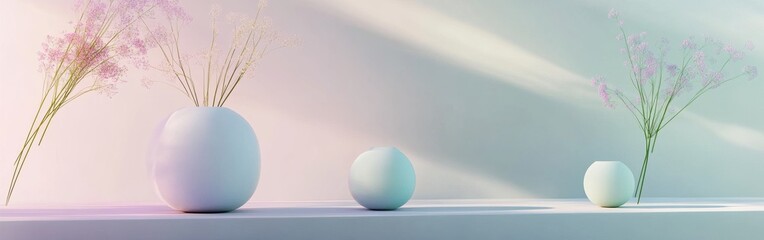 Poster - Minimalist Pastel Vases with Delicate Pink Flowers on a Light Surface with Soft Light and Shadows